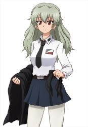Rule 34 | 10s, 1girl, alternate hairstyle, anchovy (girls und panzer), anzio school uniform, belt, black belt, black cape, black necktie, black ribbon, black skirt, cape, unworn cape, closed mouth, commentary, cowboy shot, dress shirt, drill hair, emblem, frown, girls und panzer, green hair, hair down, hair ribbon, holding, holding cape, holding clothes, holding ribbon, long hair, long sleeves, looking at viewer, miniskirt, necktie, omachi (slabco), pantyhose, pleated skirt, red eyes, ribbon, school uniform, shirt, simple background, skirt, solo, standing, twin drills, twintails, white background, white pantyhose, white shirt, wing collar