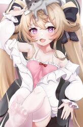 Rule 34 | animal, animal on head, attilio regolo (azur lane), attilio regolo (castle of inspiration) (azur lane), azur lane, breasts, camisole, cat, cat on head, chair, frilled jacket, frills, gaming chair, hair ribbon, hand up, heart, heart-shaped pupils, highres, jacket, long hair, no shoes, official alternate costume, on head, open mouth, ribbon, sitting, small breasts, swivel chair, symbol-shaped pupils, thighhighs, twintails, umidemi, white thighhighs