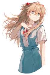 Rule 34 | 1girl, absurdres, blue eyes, blue skirt, breasts, closed mouth, cone hair bun, cropped legs, deep (deep4946), hair bun, hand on own chest, highres, light brown hair, light smile, long hair, looking at viewer, looking to the side, neck ribbon, neon genesis evangelion, red ribbon, ribbon, shirt, short sleeves, simple background, skirt, small breasts, solo, souryuu asuka langley, suspender skirt, suspenders, white background, white shirt