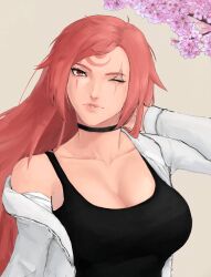 Rule 34 | bad source, baiken, black choker, black tank top, breasts, breez art, cherry blossoms, choker, cleavage, facial tattoo, guilty gear, guilty gear strive, highres, jacket, large breasts, long hair, looking at viewer, open clothes, open jacket, parted lips, pink hair, scar, scar across eye, scar on face, tank top, tattoo, very long hair