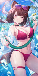 Rule 34 | 1girl, :3, :q, alternate costume, animal collar, animal ears, animal hair ornament, bikini, blue sky, blunt bangs, bracelet, breast press, breasts, brown hair, cleavage, collar, commentary, day, dog ears, dog tail, empty pool, eyewear on head, floating hair, flower, gold bracelet, gradient-tinted eyewear, hair flower, hair ornament, heart, heart-shaped eyewear, highres, holding, holding hose, hose, inui toko, jewelry, kashiwagi touko, large breasts, looking at viewer, low twintails, navel, nijisanji, o-ring, o-ring thigh strap, one eye closed, outdoors, palm tree, pool, red bikini, sky, solo, splashing, standing, sunglasses, sunlight, swept bangs, swimsuit, tail, thigh strap, thighs, tinted eyewear, tongue, tongue out, tree, twintails, v-shaped eyebrows, virtual youtuber, water drop, yellow eyes