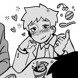Rule 34 | 1boy, blazer, blush, cherry, closed mouth, collared shirt, commentary, english commentary, esper-eclipse, floating, food, fruit, greyscale, hanazawa teruki, head rest, heart, highres, jacket, levitation, long sleeves, looking at viewer, male focus, mob psycho 100, monochrome, necktie, school uniform, shirt, short hair, simple background, smile, solo focus, spoon, squeans, table, white background