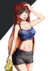 Rule 34 | 1girl, :d, absurdres, blue eyes, braid, breasts, cleavage, collarbone, cowboy shot, crop top, grey shorts, hand on own head, highres, holding, long hair, looking at viewer, medium breasts, midriff, navel, open mouth, re:creators, red hair, selesia upitiria, shadow, shiny skin, short shorts, shorts, smile, solo, standing, stomach, swept bangs, tank top, twin braids, very long hair, xiao gen