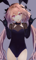 Rule 34 | 1boy, :o, animal ears, astolfo (fate), bad id, bad pixiv id, black bow, black hairband, bow, bowtie, bulge, cowboy shot, double n/, elbow gloves, fake animal ears, fate/grand order, fate (series), fishnets, gloves, grey background, hair bow, hair intakes, hairband, hands up, head tilt, leotard, long hair, looking at viewer, male focus, male playboy bunny, minyom, multicolored hair, \n/, open mouth, pink hair, playboy bunny, purple bow, purple bowtie, purple eyes, purple gloves, purple leotard, signature, simple background, solo, streaked hair, trap, very long hair, white hair