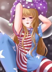 Rule 34 | 1girl, alternate hair color, american flag dress, american flag pants, armpits, arms up, blush, breasts, brown background, brown hair, clownpiece, dress, eyes visible through hair, fairy wings, gradient background, grey background, hair between eyes, hands up, hat, highres, jester cap, light brown hair, long hair, looking at viewer, medium breasts, neck ruff, open mouth, pants, pantyhose, polka dot, purple eyes, purple hat, riria (liry a flower), short sleeves, sitting, smile, smug, solo, star (symbol), star print, striped clothes, striped dress, striped pants, touhou, wings