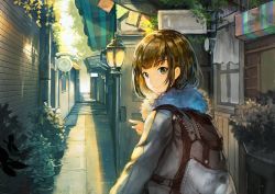 Rule 34 | 1girl, backpack, bag, black eyes, brown hair, bush, closed mouth, commentary request, day, fur trim, grey jacket, hallway, jacket, long sleeves, looking at viewer, looking back, original, outdoors, plant, pointing, potted plant, short hair, sibyl, sign, smile, solo, standing, tree