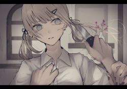 Rule 34 | 2girls, bad id, bad twitter id, black ribbon, blood, blood on face, blue eyes, blurry, blurry background, brown hair, brown nails, collared shirt, commentary request, cuts, depth of field, dress shirt, hair ornament, hair ribbon, hairclip, highres, holding, holding knife, injury, knife, letterboxed, long hair, multicolored hair, multiple girls, nail polish, original, out of frame, parted lips, red hair, ribbon, shirt, slashing, solo focus, streaked hair, tsuruse, twintails, upper body, v-shaped eyebrows, white shirt, window