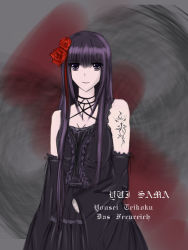 Rule 34 | 1girl, bare shoulders, black dress, character name, copyright name, detached sleeves, dress, female focus, flower, gothic lolita, hair flower, hair ornament, highres, j-rock, lengxuefenghun, lolita fashion, long hair, looking at viewer, multicolored hair, purple eyes, purple hair, rose, solo, standing, straight hair, tattoo, two-tone hair, wide sleeves, yousei teikoku, yui (yousei teikoku)
