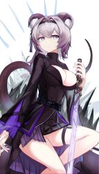 Rule 34 | 1girl, absurdres, animal ears, arknights, bare legs, black dress, black hairband, breasts, cleavage, commentary request, dress, hairband, highres, holding, holding sword, holding weapon, large breasts, lin (arknights), long hair, long sleeves, looking at viewer, mizuhashi parusui, mouse ears, mouse tail, purple eyes, purple hair, simple background, sitting, solo, sword, tail, thigh strap, thighs, weapon, white background, wide sleeves