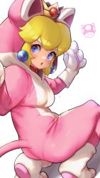 Rule 34 | 1girl, :o, animal costume, animal hands, blonde hair, blue eyes, blush, breasts, cat costume, cat peach, collar, crown, earrings, gloves, highres, jewelry, kashu (hizake), mario (series), medium breasts, nintendo, open mouth, paw gloves, paw shoes, princess peach, red collar, shadow, shoes, simple background, solo, squatting, super mario 3d world, super mushroom, sweat, tail, white background