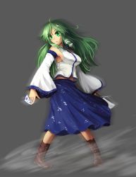 Rule 34 | 1girl, ahoge, boots, breasts, cross-laced footwear, detached sleeves, dual wielding, freeze-ex, frog hair ornament, gohei, green hair, grey background, hair ornament, highres, holding, japanese clothes, kochiya sanae, lace-up boots, large breasts, long hair, long skirt, miko, ofuda, oonusa, pigeon-toed, sideboob, skirt, snake hair ornament, solo, touhou, wide sleeves