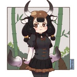 Rule 34 | 1girl, animal ears, banteng (kemono friends), black hair, bow, bowtie, brown eyes, cow ears, cow girl, cow horns, dress, elbow gloves, extra ears, gloves, highres, horns, kemono friends, long hair, looking at viewer, outdoors, pantyhose, ribbon, simple background, skirt, solo, sorairo meronpan, twintails, weapon