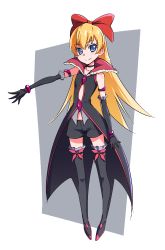 Rule 34 | 1girl, absurdres, ammonio, black gloves, black neckwear, black shorts, black thighhighs, blonde hair, blue eyes, boots, bow, choker, cosplay, dokidoki! precure, eas (cosplay), eas (fresh precure!), elbow gloves, fresh precure!, gloves, hair bow, highres, long hair, precure, regina (dokidoki! precure), shorts, smile, solo, thigh boots, thighhighs, trait connection