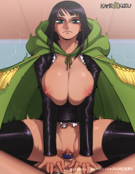 Rule 34 | 1boy, 1girl, black hair, blue eyes, breasts, breasts out, clothed female nude male, clothed sex, cowgirl position, expressionless, huge breasts, huge penis, iceburg, kameseru, long hair, lying, male pubic hair, nico robin, nude, one piece, open clothes, penis, pov, pubic hair, pussy, sex, straddling, vaginal
