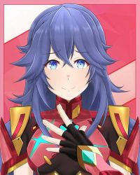 Rule 34 | 1girl, arcedo, armor, blue eyes, blue hair, blush, breasts, commission, cosplay, crossover, fingerless gloves, fire emblem, fire emblem awakening, gloves, hair between eyes, hair ornament, hairband, hal laboratory, intelligent systems, jewelry, long hair, looking at viewer, lucina (fire emblem), medium breasts, messy hair, nintendo, possessed, possession, pyra (xenoblade), pyra (xenoblade) (cosplay), shoulder armor, smile, solo, spirit (super smash bros.), super smash bros., turtleneck, upper body, xeno (series), xenoblade chronicles (series), xenoblade chronicles 2