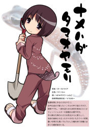 Rule 34 | 1girl, animal, barefoot, black eyes, brown hair, brown shirt, character profile, full body, gecko, gujira, long sleeves, looking back, pants, personification, sandals, scales, shirt, short hair, shovel, simple background, smile, solo, standing, tail, translation request, white background, worktool