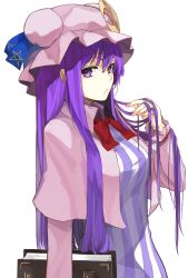 Rule 34 | 1girl, bad id, bad pixiv id, book, capelet, crescent, dress, hand in own hair, hat, highres, long hair, long sleeves, looking at viewer, miruto netsuki, patchouli knowledge, purple eyes, purple hair, solo, striped clothes, striped dress, touhou, very long hair