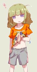 Rule 34 | ahoge, blonde hair, collarbone, copyright request, hand in pocket, hand under clothes, hand under shirt, highres, messy hair, navel, purple eyes, scratching, shirt, shorts, simple background, t-shirt, utsubo (utb)