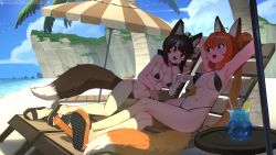 Rule 34 | 2girls, animal ears, armpits, artist name, beach, bendy straw, bikini, black bikini, blue sky, breasts, chair, cloud, cloudy sky, commission, crossed legs, cup, drinking straw, highres, medium breasts, multiple girls, navel, open mouth, original, outdoors, sandals, sky, smile, swimsuit, table, tail, tostantan