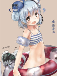 Rule 34 | 1girl, :d, ?, ^^^, akino shuu, bare arms, bare shoulders, bikini, blue hair, blush, bottomless, brown background, brown eyes, collarbone, commentary request, convenient censoring, cowboy shot, double bun, enemy naval mine (kancolle), eyewear on head, fang, grey-framed eyewear, groin, hair between eyes, hair bun, hat, inflatable armbands, innertube, kantai collection, looking at viewer, navel, no panties, open mouth, sailor hat, samuel b. roberts (kancolle), simple background, slime (substance), smile, striped bikini, striped clothes, sunglasses, swim ring, swimsuit, tilted headwear, translation request, transparent, twitter username, unworn bikini bottom, white headwear
