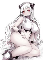 Rule 34 | 1girl, absurdres, abyssal ship, airfield princess, black horns, blush, boots, bottomless, breasts, closed mouth, colored skin, crop top, grey skin, highres, horns, kantai collection, kuromayu, large breasts, long hair, looking at viewer, pale skin, red eyes, simple background, sitting, solo, very long hair, white footwear, white hair