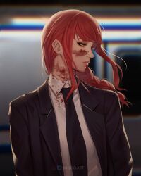 Rule 34 | 1girl, absurdres, artist name, black jacket, black necktie, blood, blood on clothes, blood on face, blurry, blurry background, braid, braided ponytail, chainsaw man, collared shirt, formal, highres, inhoso, instagram logo, jacket, long hair, looking to the side, makima (chainsaw man), necktie, red hair, ringed eyes, shirt, sidelocks, solo, suit, suit jacket, twitter logo, white shirt, yellow eyes