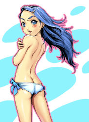 Rule 34 | 1girl, angry, ass, back, bikini, blue eyes, blue hair, blush, bow, breast hold, breasts, butt crack, covering privates, covering breasts, derivative work, ebisui, hair ornament, hairclip, highres, long hair, looking back, lowleg, lowleg bikini, matching hair/eyes, open mouth, panties, side-tie panties, solo, swimsuit, topless, underwear