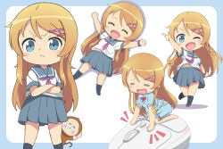 &gt;:( 1girl ;d =_= barefoot black_socks blue_border blue_eyes blue_pajamas blue_shorts border brown_shoes chibi chibi_only closed_eyes closed_mouth computer_mouse crossed_arms facing_viewer fang grey_sailor_collar grey_skirt highres kousaka_kirino kousaka_kirino&#039;s_school_uniform light_blush long_hair midriff mini_person minigirl monkey multiple_views navel neckerchief no_shoes one_eye_closed open_mouth orange_hair ore_no_imouto_ga_konna_ni_kawaii_wake_ga_nai outside_border pajamas pleated_skirt purple_neckerchief purple_scrunchie sailor_collar scarletsky school_uniform scrunchie serafuku shirt shoes shorts sidelocks skirt smile socks v-shaped_eyebrows white_shirt wrist_scrunchie