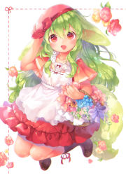 Rule 34 | 1girl, animal ears, apron, bad id, bad pixiv id, basket, blush, boots, brown footwear, commentary request, dress, flower, flower basket, frilled dress, frills, green hair, hat, highres, looking at viewer, mutou mato, open mouth, original, pink hat, red dress, red eyes, short sleeves, smile, solo, tail, white apron