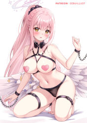 Rule 34 | 1girl, barefoot, blue archive, blush, breasts, chain, cuffs, detached collar, halo, heart pasties, long hair, looking at viewer, medium breasts, mika (blue archive), navel, parted lips, pasties, pink hair, pink halo, ponytail, sebu illust, simple background, solo, white background, yellow eyes