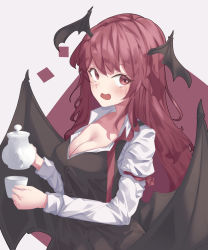 Rule 34 | 1girl, absurdres, black vest, black wings, blush, breasts, buttons, cleavage, cup, head wings, highres, holding, holding cup, koakuma, lab2linch, long hair, long sleeves, looking at viewer, low wings, medium breasts, open mouth, red eyes, red hair, shirt, solo, teacup, teapot, touhou, vest, white shirt, wings
