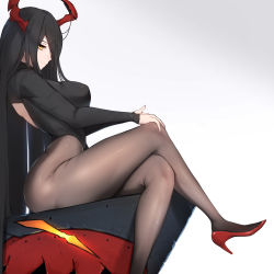 Rule 34 | 1girl, azur lane, bare back, black hair, black pantyhose, breasts, crossed legs, friedrich der grosse (azur lane), from side, grey background, hair over one eye, high-waist pantyhose, high heels, highres, horns, large breasts, long hair, looking at viewer, mechanical horns, pantyhose, red footwear, red horns, shoes, simple background, sitting, solo, sonaworld, taut clothes, very long hair, yellow eyes