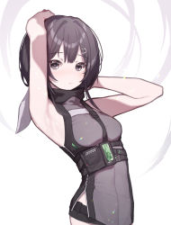 Rule 34 | 1girl, absurdres, arknights, armpits, arms up, between breasts, beudelb, black shorts, blush, breasts, brown eyes, brown hair, closed mouth, hair ornament, hairclip, hand on own head, highres, la pluma (arknights), looking at viewer, micro shorts, short hair, shorts, simple background, sleeveless, small breasts, solo, underbust, upper body, white background