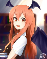 Rule 34 | absurdres, bat wings, black dress, book, bookshelf, collared shirt, demon girl, demon wings, dress, eyes visible through hair, fang, head wings, highres, holding, holding book, koakuma, library, long hair, looking at viewer, looking to the side, red eyes, red hair, shirt, short sleeves, sunlight, tobiuo (fchain82), touhou, vest, white shirt, wings