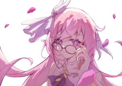 Rule 34 | 1girl, absurdres, adjusting eyewear, alternate costume, bare shoulders, brooch, closed mouth, elf, elysia (herrscher of human:ego) (honkai impact), elysia (honkai impact), falling petals, hair between eyes, hand on eyewear, heart, heart brooch, highres, holding, honkai (series), honkai impact 3rd, jewelry, long hair, looking at viewer, petals, pink hair, pink pupils, pointy ears, rio (user kzxp8757), shirt, solo, triquetra, upper body, very long hair, white background, white shirt