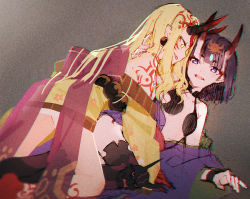 Rule 34 | 2girls, bare shoulders, blonde hair, bob cut, breasts, collarbone, eyeliner, facial mark, fate/grand order, fate (series), forehead mark, hakusai (tiahszld), headpiece, horns, ibaraki douji (fate), japanese clothes, kimono, long sleeves, makeup, multiple girls, oni, open mouth, purple eyes, purple hair, purple kimono, revealing clothes, short hair, shuten douji (fate), skin-covered horns, small breasts, smile, wide sleeves, yellow eyes, yellow kimono