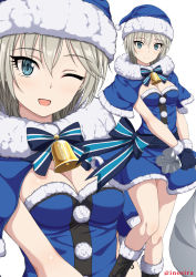 Rule 34 | 1girl, :d, ;d, anastasia (idolmaster), bell, blue bow, blue dress, blue eyes, blue gloves, blue hat, boots, bow, breasts, brown footwear, capelet, christmas, cleavage, close-up, dress, fur-trimmed capelet, fur trim, gift bag, gloves, grey hair, hair between eyes, half gloves, hat, highres, idolmaster, idolmaster cinderella girls, inoshira, knee boots, light blush, looking at viewer, medium breasts, one eye closed, open mouth, santa costume, santa dress, santa hat, short hair, simple background, sleeveless, sleeveless dress, smile, solo, twitter username, white background