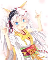 Rule 34 | 1girl, :d, \m/, animal ears, bad id, bad pixiv id, blue eyes, double \m/, fang, fox ears, fox mask, fox shadow puppet, hairband, highres, japanese clothes, long hair, looking at viewer, mask, nibiiro shizuka, open mouth, original, silver hair, smile, solo, suggestive fluid, white background