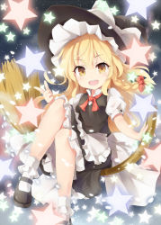 Rule 34 | 1girl, :d, bad id, bad pixiv id, bamboo broom, blonde hair, braid, broom, broom riding, hat, kirisame marisa, long hair, looking at viewer, mary janes, nanahan, open mouth, shoes, single braid, sitting, smile, solo, star (symbol), touhou, witch hat, yellow eyes