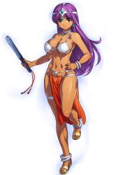 Rule 34 | 1girl, anklet, armband, bikini, bikini top only, bracelet, breasts, choker, circlet, dark skin, dark-skinned female, dragon quest, earrings, hand fan, feet, female focus, full body, hair ornament, hand on own hip, highres, holding, jewelry, large breasts, leg lift, loincloth, long hair, looking at viewer, manya (dq4), navel, original, pelvic curtain, purple hair, red eyes, revealing clothes, sandals, sideboob, simple background, smile, solo, swimsuit, thigh strap, thighs, uchiu kazuma, white background