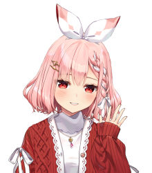Rule 34 | 1girl, atelier live, blush, bow, braid, hair bow, hair ornament, hair ribbon, hairclip, hand up, highres, jacket, long sleeves, open clothes, open jacket, parted lips, pink hair, pinku (vtuber), puffy long sleeves, puffy sleeves, red jacket, ribbon, rosuuri, shirt, simple background, sleeves past wrists, smile, solo, upper body, virtual youtuber, white background, white bow, white ribbon, white shirt