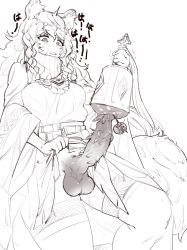 Rule 34 | 1futa, animal ear fluff, animal ears, arknights, artificial vagina, bell, braid, dress, erection, futanari, futanari masturbation, greyscale, hair between eyes, highres, hitobashira (1746164306), holding, leopard ears, long hair, long sleeves, masturbation, monochrome, open mouth, penis, pramanix (arknights), sex toy, simple background, solo, spiked penis, testicles, thighhighs, uncensored, white background, wide sleeves