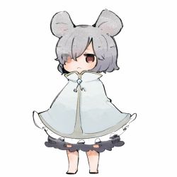 Rule 34 | 1girl, animal ears, black dress, capelet, chibi, commentary request, dress, film grain, full body, grey hair, highres, jewelry, kurotaro, mouse ears, nazrin, pendant, red eyes, short hair, simple background, solo, touhou, white background