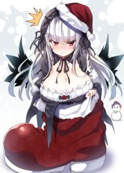 Rule 34 | 1girl, blush, boots, breasts, cleavage, feathered wings, gothic lolita, hairband, hat, lolita fashion, lolita hairband, long hair, looking at viewer, purple eyes, rozen maiden, santa hat, silver hair, snowman, solo, suigintou, sweatdrop, tousen, wings
