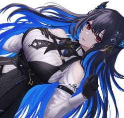 Rule 34 | 1girl, absurdres, asymmetrical horns, bare shoulders, black gloves, black hair, blue hair, bow, breasts, collar, collared shirt, colored inner hair, demon horns, fur trim, gloves, hair ornament, highres, hololive, hololive english, horns, jdnyang, large breasts, long hair, looking at viewer, mole, mole under eye, multicolored hair, necktie, nerissa ravencroft, nerissa ravencroft (1st costume), red eyes, shirt, smile, solo, two-tone hair, uneven horns, virtual youtuber