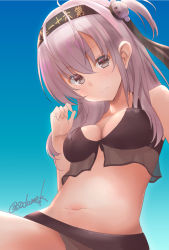 Rule 34 | 1girl, bikini, black bikini, black headband, blue background, breasts, cleavage, clothes writing, collarbone, commentary request, cowboy shot, gradient background, grey eyes, headband, highres, kamijou sadame, kantai collection, long hair, looking at viewer, medium breasts, one-hour drawing challenge, one side up, silver hair, smile, solo, suzutsuki (kancolle), swimsuit