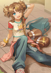 1girl ;d arm_support arm_up backpack bag bandaged_wrist bandages blue_bag blue_eyes blue_pants boxing_gloves braid brown_gloves brown_hair clothes_around_waist double_bun fallen_down feet_out_of_frame gloves hair_bun hair_ornament hairclip hand_on_own_head highres knee_up midriff on_ground one_eye_closed open_mouth pants red_footwear reverse:1999 scrunchie shirt shoes short_sleeves sitting smile sneakers solo spathodea_(reverse:1999) t-shirt teeth tile_floor tiles twin_braids upper_teeth_only wrist_scrunchie xincloustan yellow_scrunchie