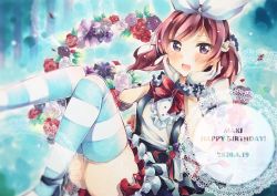 Rule 34 | 1girl, artist name, artist request, black vest, blush, bow, cowboy shot, dress, female focus, frilled dress, frills, gloves, hair between eyes, hair bow, hair ornament, highres, looking at viewer, love live!, love live! school idol festival, love live! school idol project, multicolored clothes, multicolored skirt, nishikino maki, puffy short sleeves, puffy sleeves, purple eyes, red bow, red hair, shoes, short hair, short sleeves, skirt, solo, striped legwear, vanilla thanks, vest, white bow, white gloves