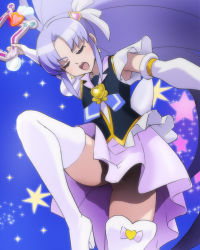 Rule 34 | 10s, 1girl, armpit peek, blue background, boots, brooch, censored, closed eyes, convenient censoring, cure fortune, hair ornament, happinesscharge precure!, haruyama kazunori, heart, heart brooch, heart hair ornament, hikawa iona, long hair, no panties, open mouth, ponytail, precure, purple hair, skirt, solo, star (symbol), thigh boots, thighhighs, very long hair, white thighhighs, wide ponytail