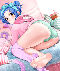 Rule 34 | 1girl, absurdres, alternate hairstyle, animal ears, animal hood, aqua bow, aqua hairband, ass, bad id, bad pixiv id, barefoot, bear ears, bed, bikini tan, blue hair, blush, bow, bow hairband, brown eyes, commentary, dutch angle, fake animal ears, foreshortening, green panties, hair bow, hairband, hanamasa ono, highres, hood, hood down, hooded pajamas, idolmaster, idolmaster million live!, indoors, legs together, long sleeves, looking at viewer, looking back, lying, no pants, no shoes, on bed, on side, one side up, over-kneehighs, pajamas, panties, parted bangs, parted lips, pillow, pink pajamas, plant, polka dot, polka dot bow, polka dot hairband, potted plant, purple thighhighs, shiny skin, short hair, single thighhigh, soles, solo, star (symbol), striped clothes, striped thighhighs, tan, tanline, thighhighs, thighs, toes, toyokawa fuka, underwear, unworn thighhighs, wavy hair
